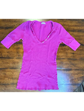 Michael Stars Pink Waffle Knit Thermal Henley Elbow Sleeve Top, Size S/M
